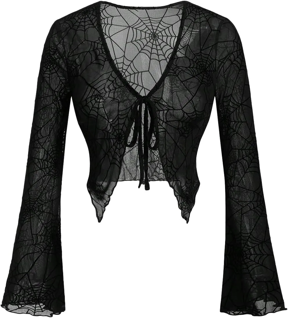 Verdusa Women's Sheer Shrug Crop Top Long Sleeve Tie Front Lettuce Trim Mesh Open Cardigan Top