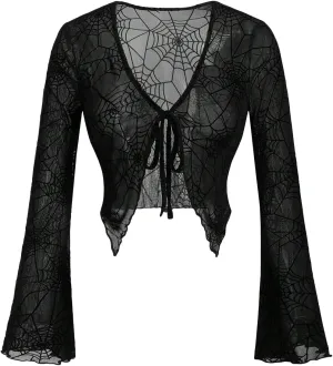 Verdusa Women's Sheer Shrug Crop Top Long Sleeve Tie Front Lettuce Trim Mesh Open Cardigan Top