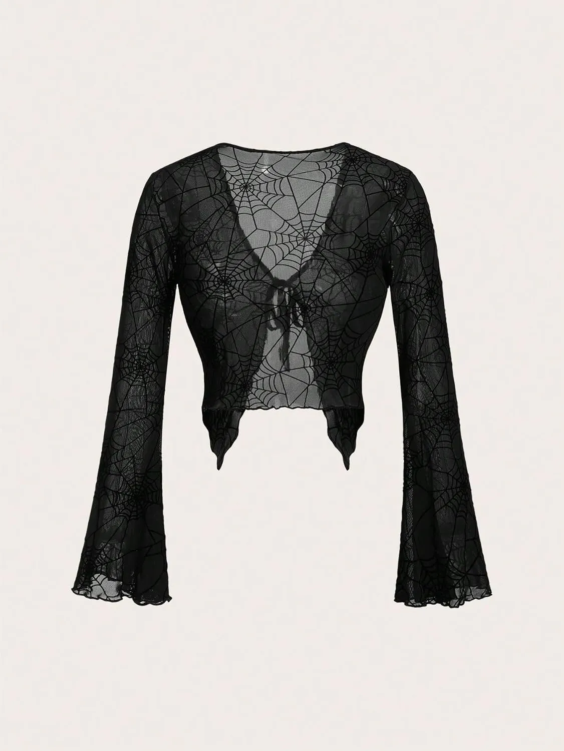 Verdusa Women's Sheer Shrug Crop Top Long Sleeve Tie Front Lettuce Trim Mesh Open Cardigan Top
