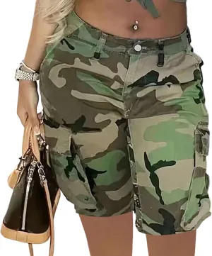 Voghtic Womens Camouflage Cargo Shorts Casual High Waisted Ripped Frayed Stretchy Jeans Shorts with Pockets