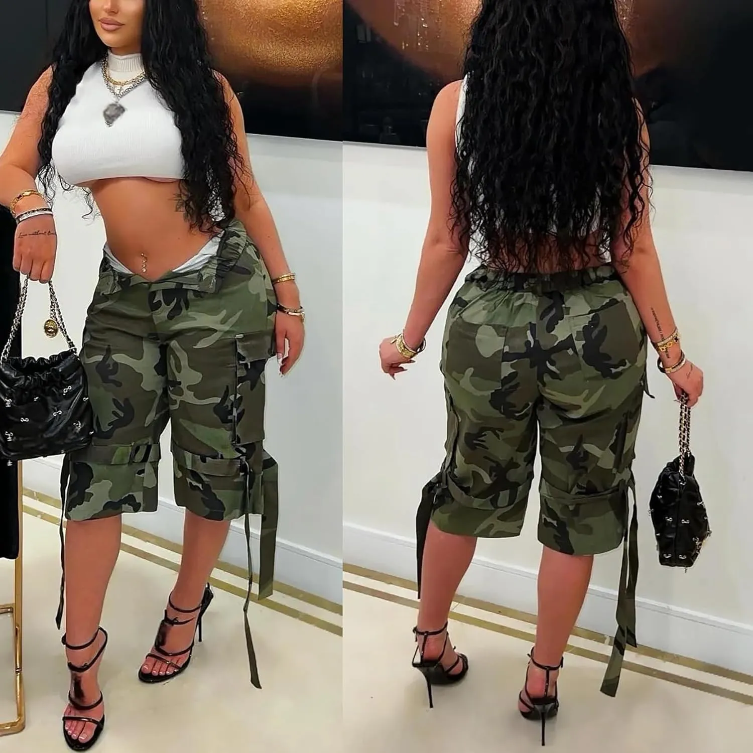 Voghtic Womens Camouflage Cargo Shorts Casual High Waisted Ripped Frayed Stretchy Jeans Shorts with Pockets