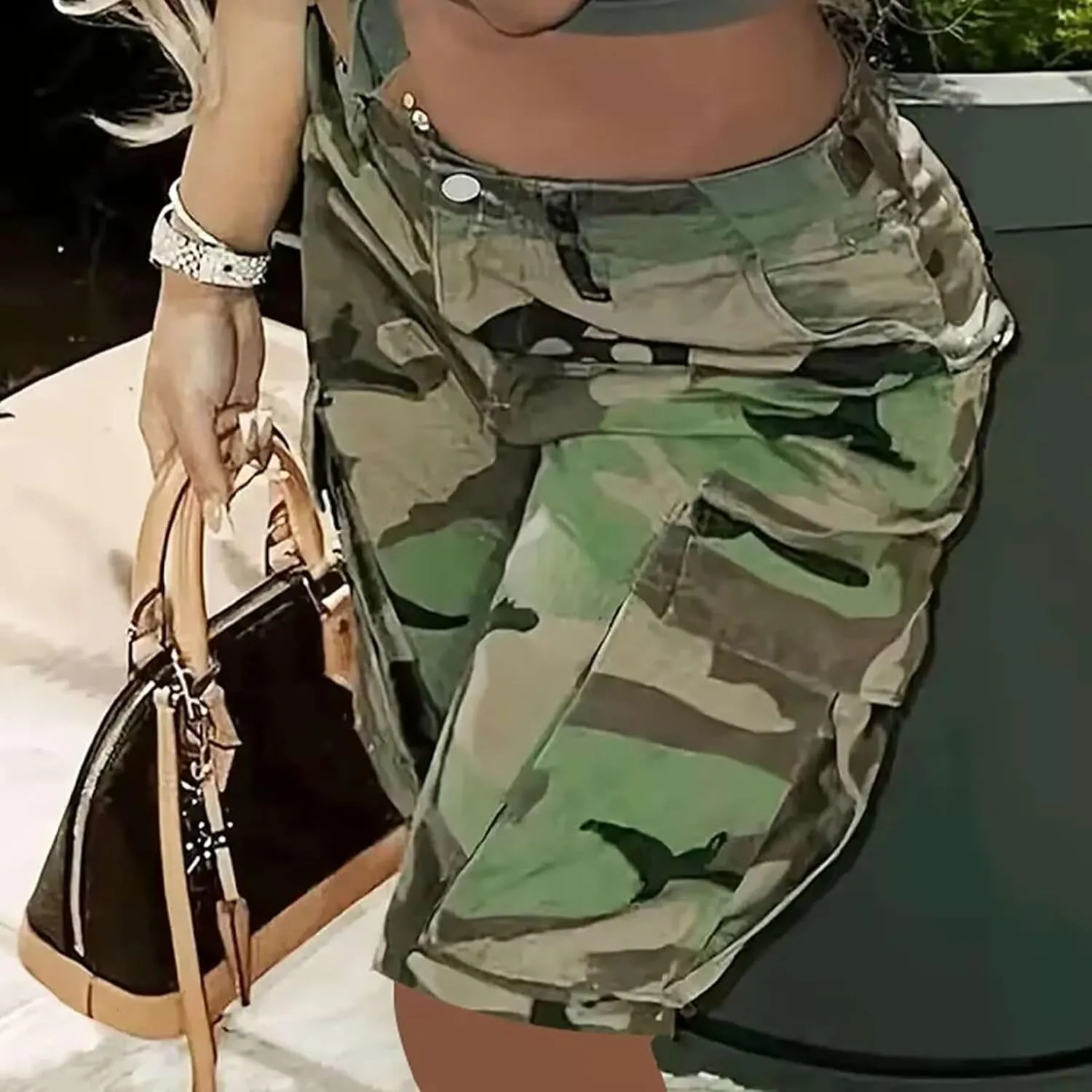 Voghtic Womens Camouflage Cargo Shorts Casual High Waisted Ripped Frayed Stretchy Jeans Shorts with Pockets