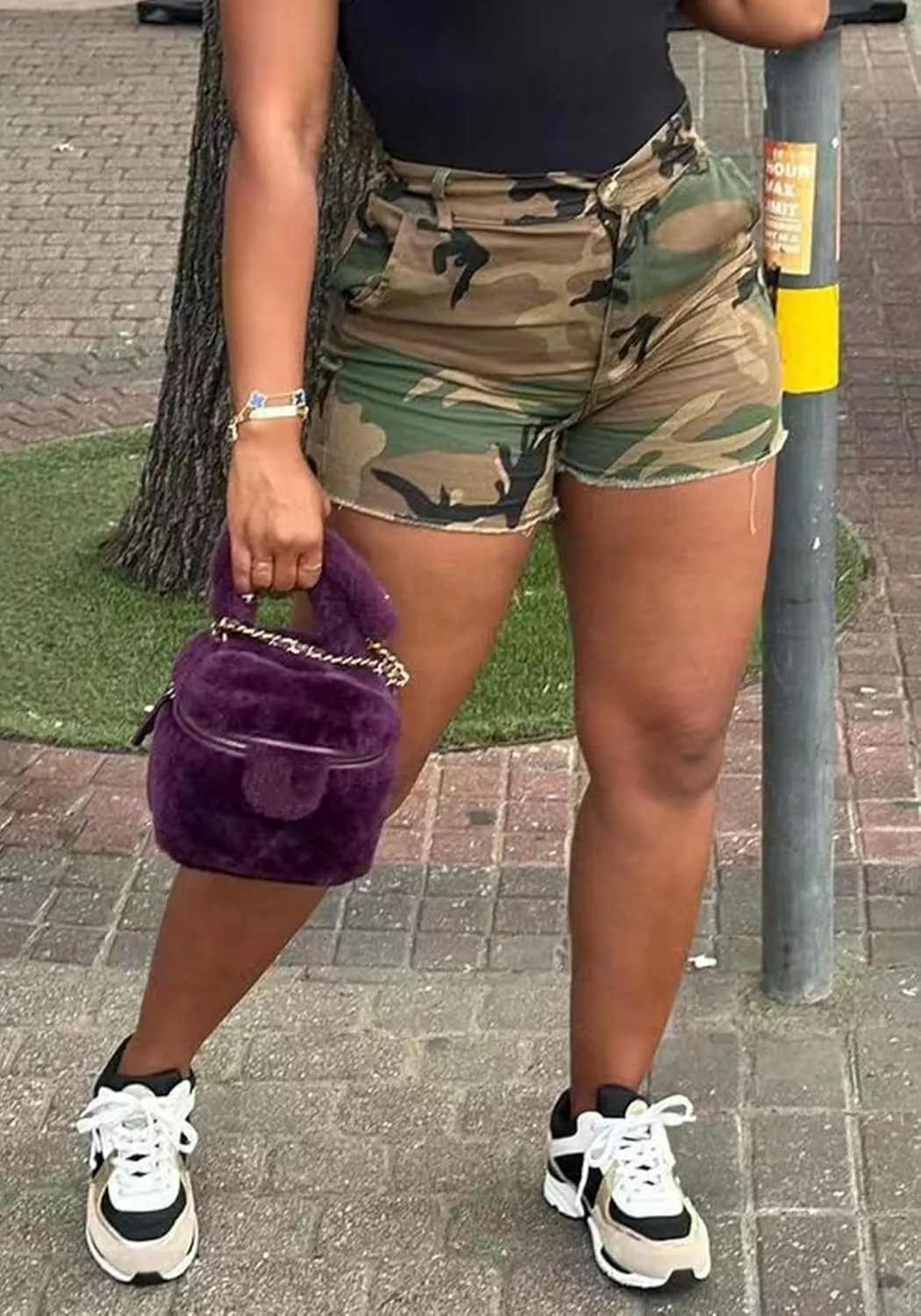 Voghtic Womens Camouflage Cargo Shorts Casual High Waisted Ripped Frayed Stretchy Jeans Shorts with Pockets