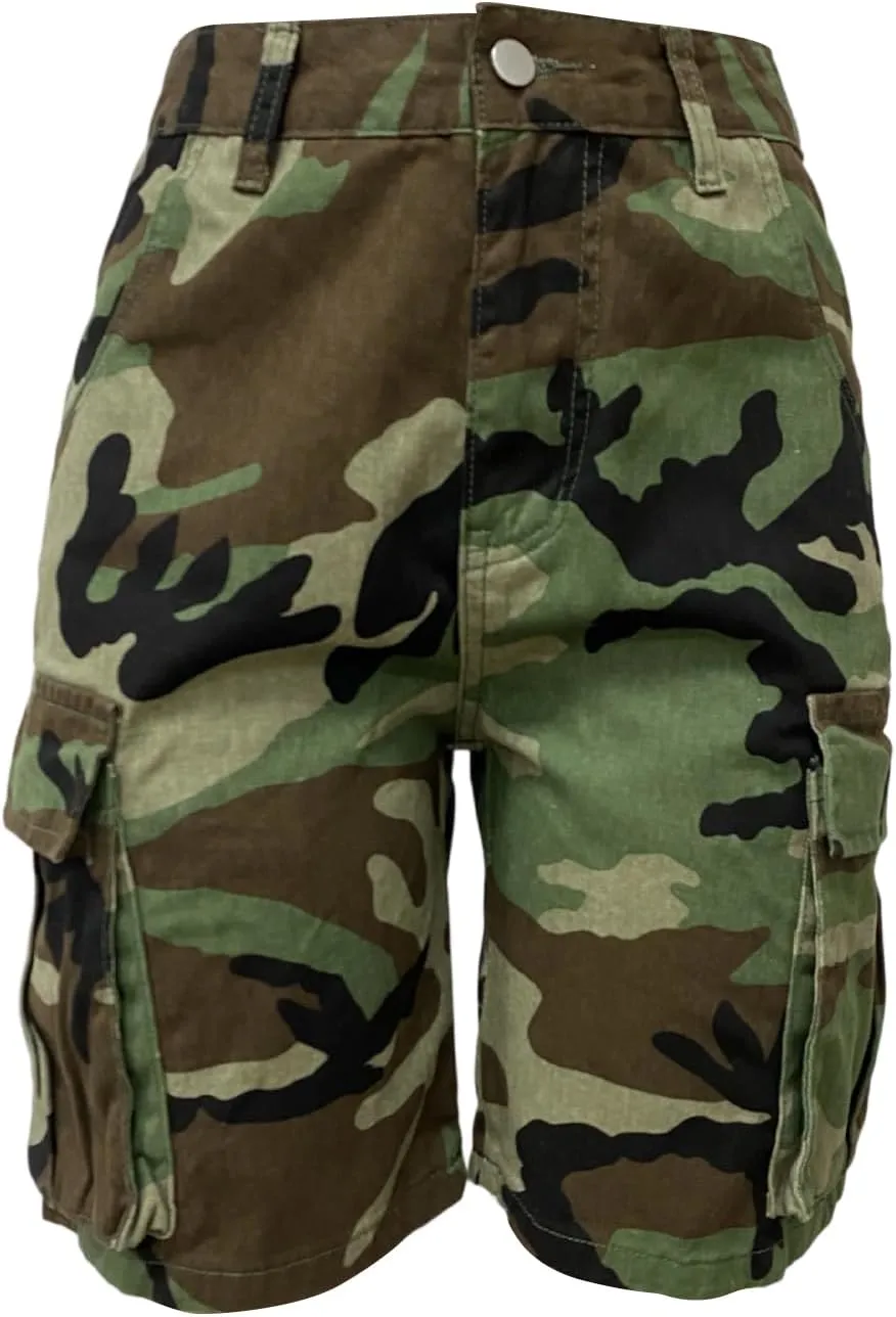 Voghtic Womens Camouflage Cargo Shorts Casual High Waisted Ripped Frayed Stretchy Jeans Shorts with Pockets