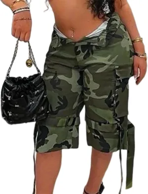 Voghtic Womens Camouflage Cargo Shorts Casual High Waisted Ripped Frayed Stretchy Jeans Shorts with Pockets