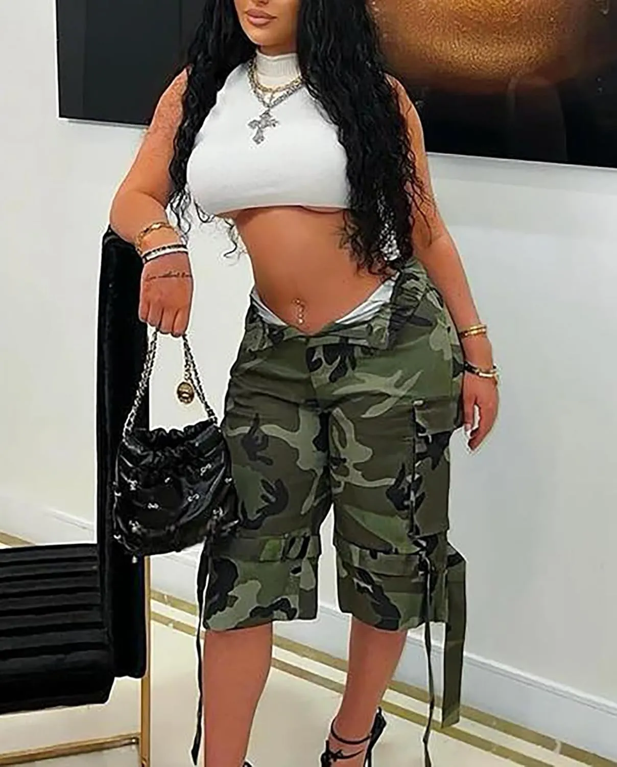 Voghtic Womens Camouflage Cargo Shorts Casual High Waisted Ripped Frayed Stretchy Jeans Shorts with Pockets