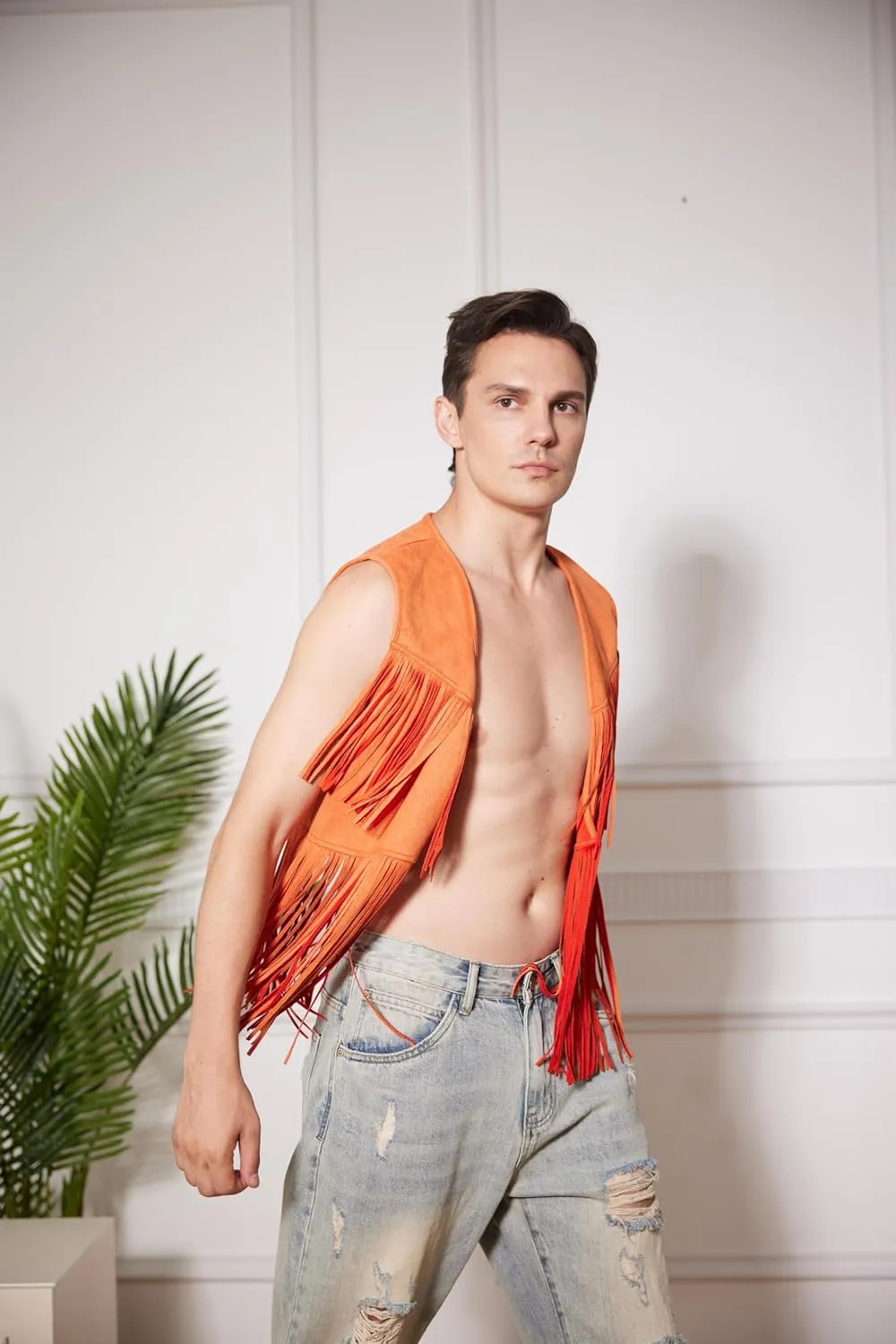 WDIRARA Men's Open Front Sleeveless Fringe Hem Party Club Jacket Vest Outerwear