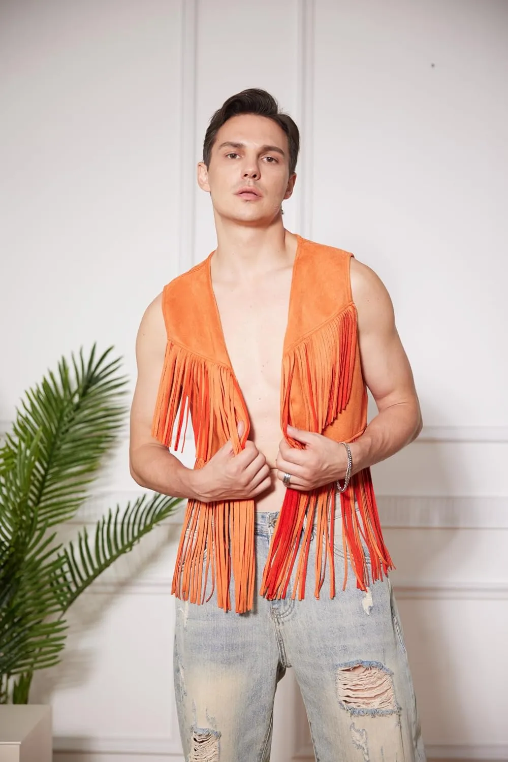 WDIRARA Men's Open Front Sleeveless Fringe Hem Party Club Jacket Vest Outerwear