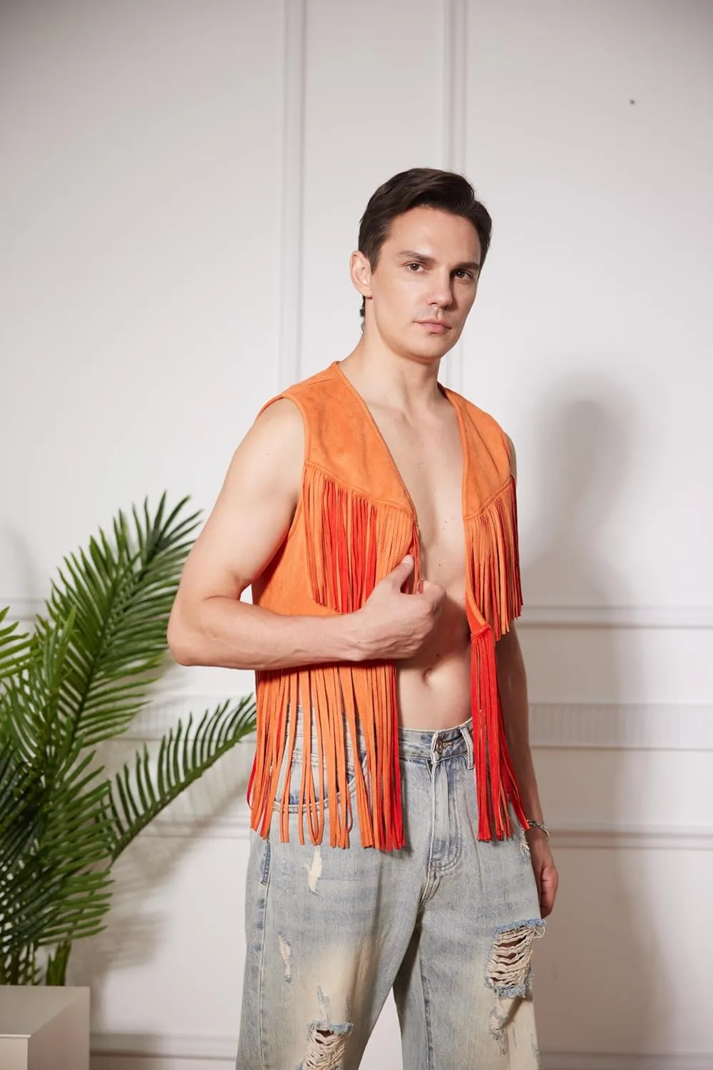 WDIRARA Men's Open Front Sleeveless Fringe Hem Party Club Jacket Vest Outerwear