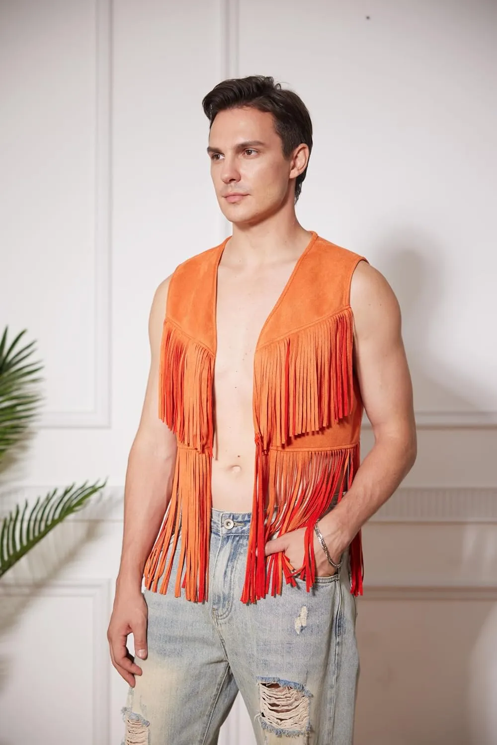 WDIRARA Men's Open Front Sleeveless Fringe Hem Party Club Jacket Vest Outerwear