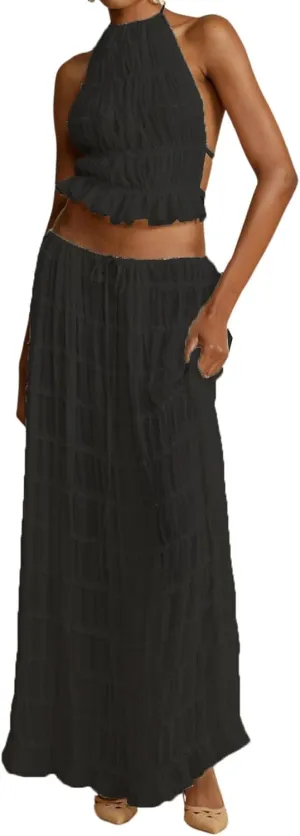 Women Y2K Skirt Set Outfits Strapless Crop Top Bodycon Midi Skirt Dress Sexy 2 Piece Knit Outfits Skirt Summer