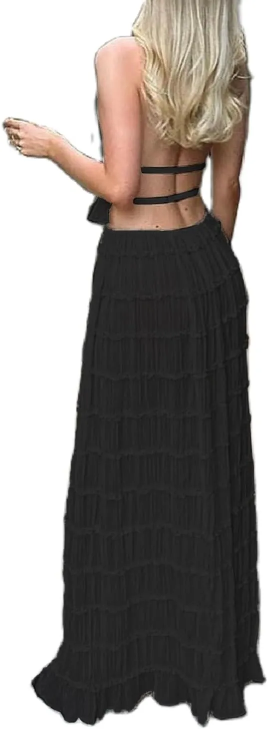 Women Y2K Skirt Set Outfits Strapless Crop Top Bodycon Midi Skirt Dress Sexy 2 Piece Knit Outfits Skirt Summer