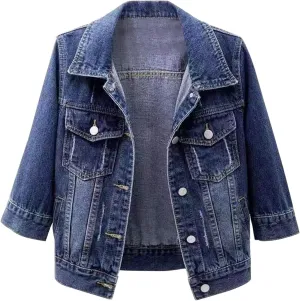 Womens 3/4 Sleeve Colored Cropped Denim Jacket Trendy Light Wash Short Jean Jacket Trucker Coat