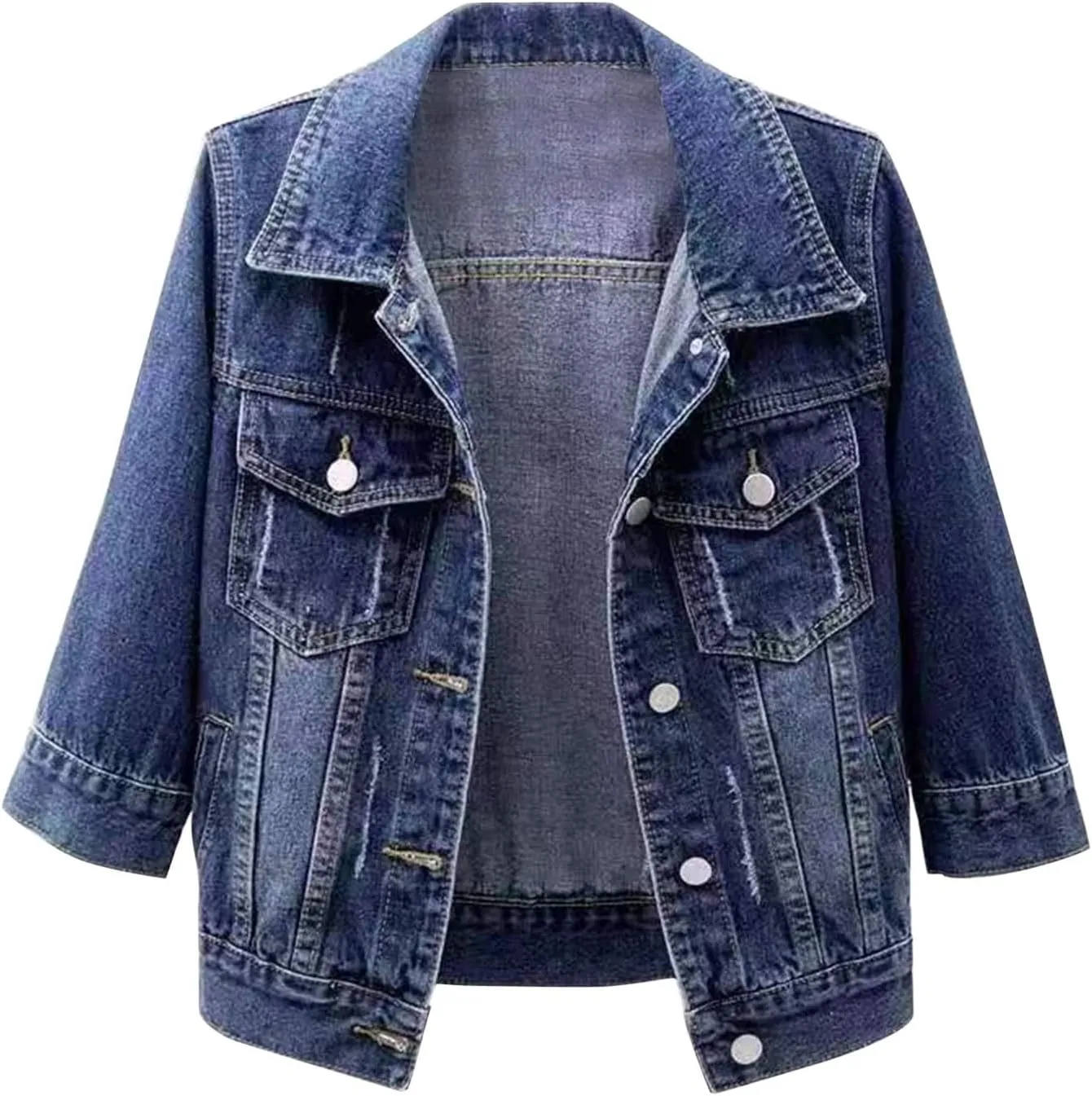 Womens 3/4 Sleeve Colored Cropped Denim Jacket Trendy Light Wash Short Jean Jacket Trucker Coat