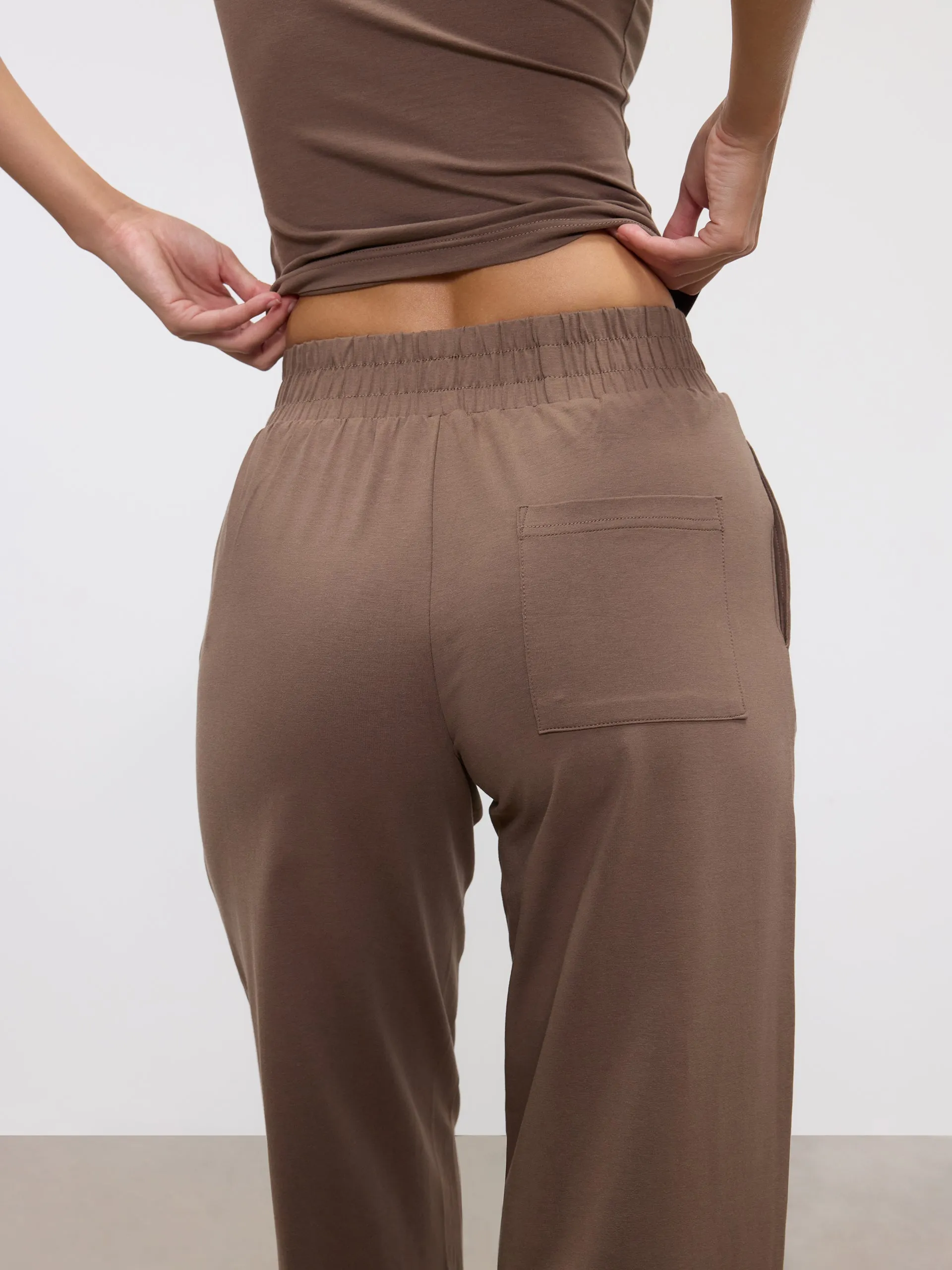 Womens Cotton Modal Wide Leg Pull On Trouser in Taupe