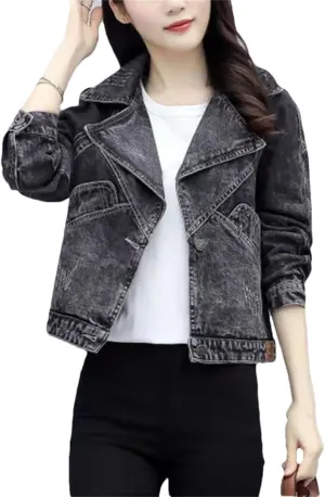 WomenS Denim Jacket Short Length Single Button Closure Turn Down Collar Chic Everyday Outerwear
