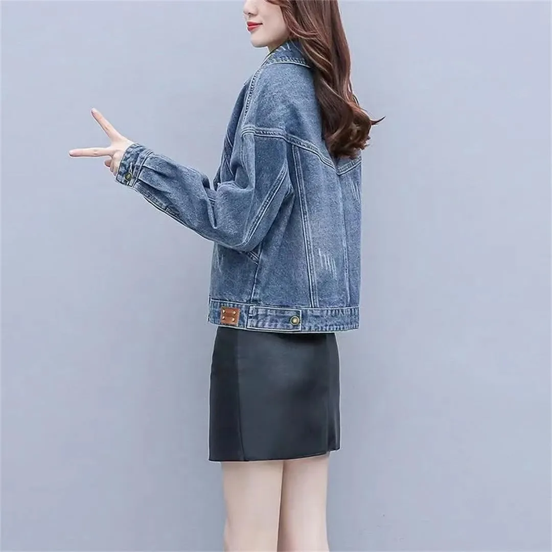 WomenS Denim Jacket Short Length Single Button Closure Turn Down Collar Chic Everyday Outerwear