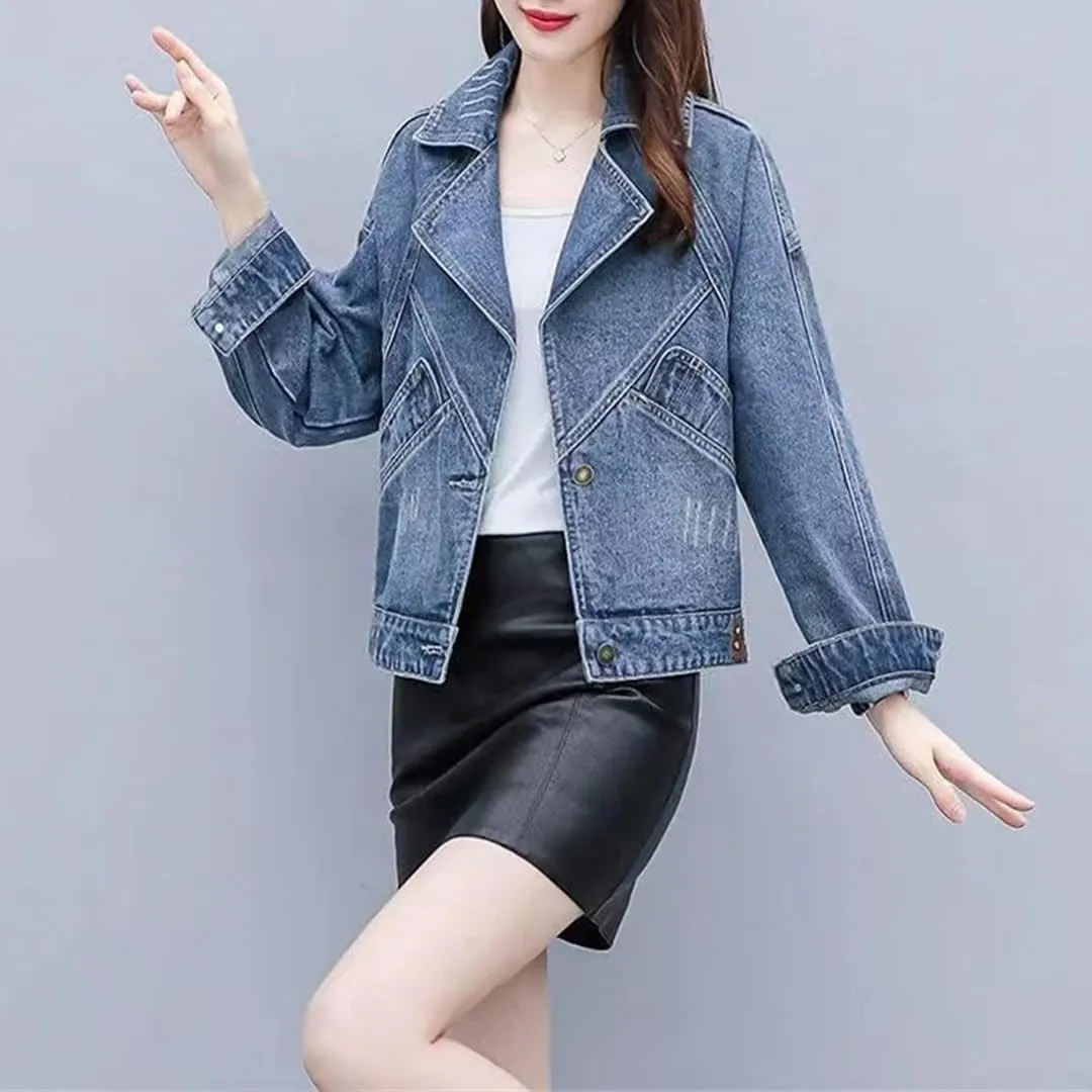 WomenS Denim Jacket Short Length Single Button Closure Turn Down Collar Chic Everyday Outerwear