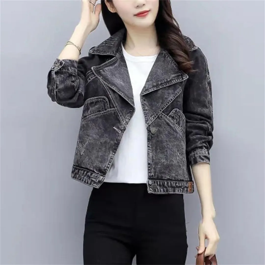 WomenS Denim Jacket Short Length Single Button Closure Turn Down Collar Chic Everyday Outerwear