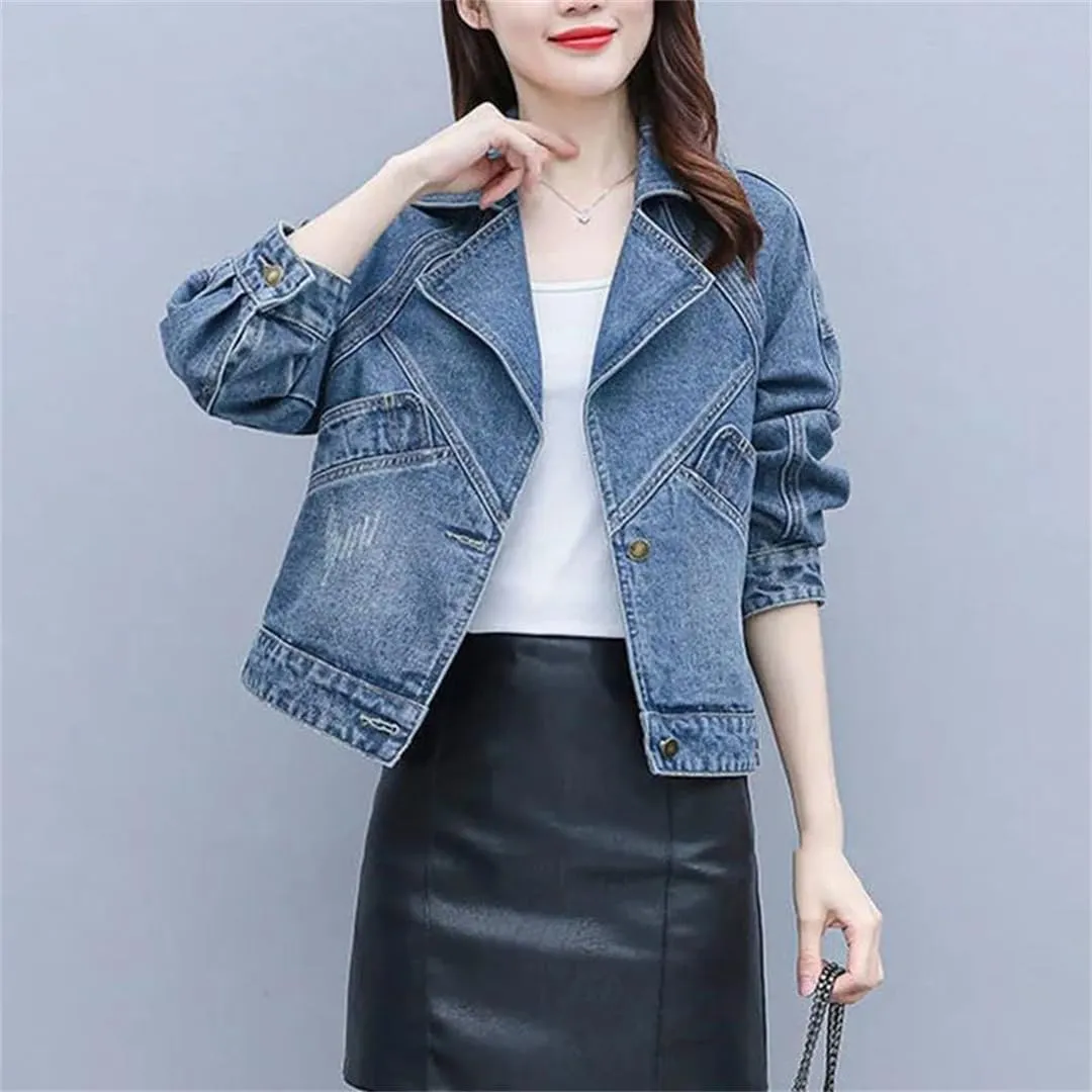 WomenS Denim Jacket Short Length Single Button Closure Turn Down Collar Chic Everyday Outerwear