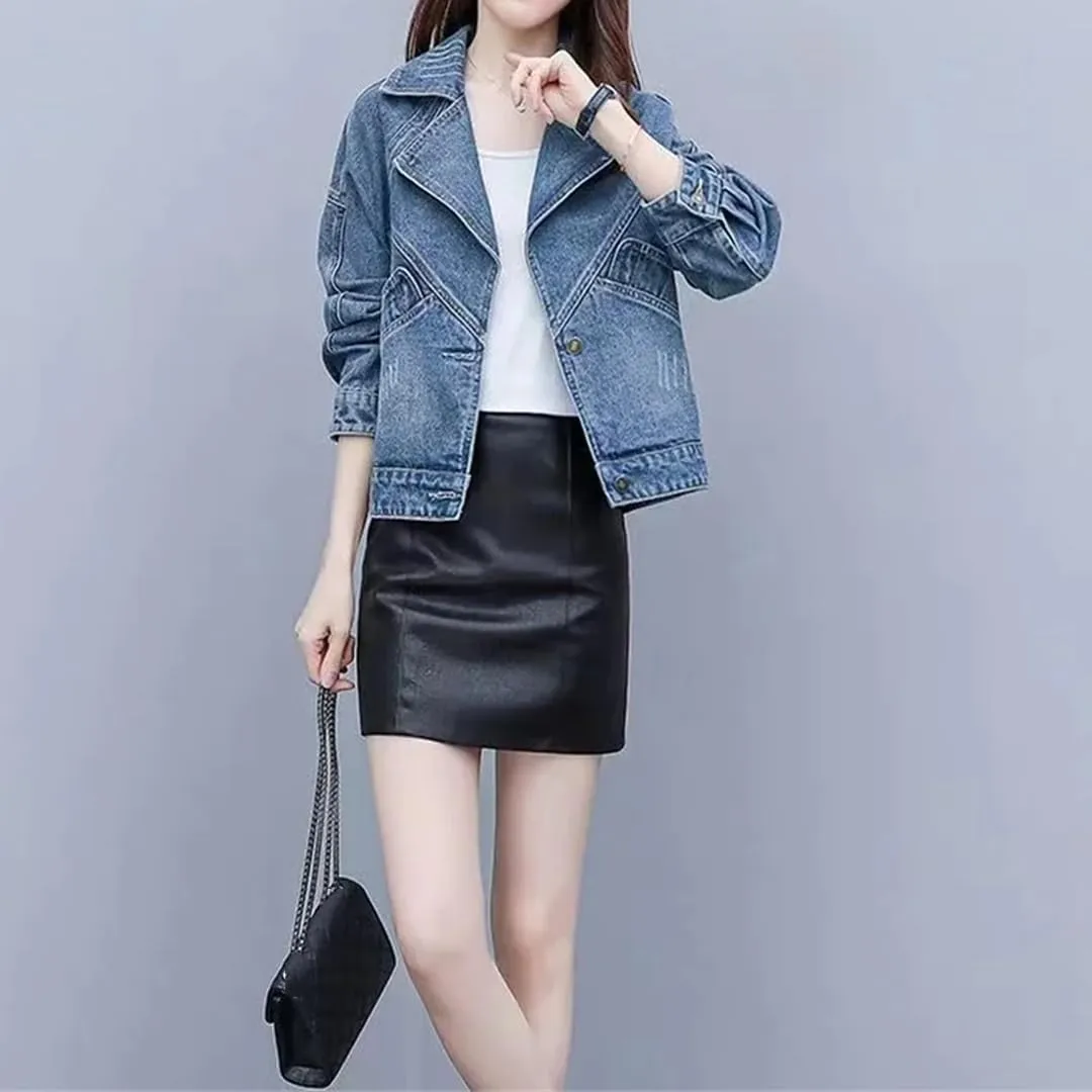 WomenS Denim Jacket Short Length Single Button Closure Turn Down Collar Chic Everyday Outerwear