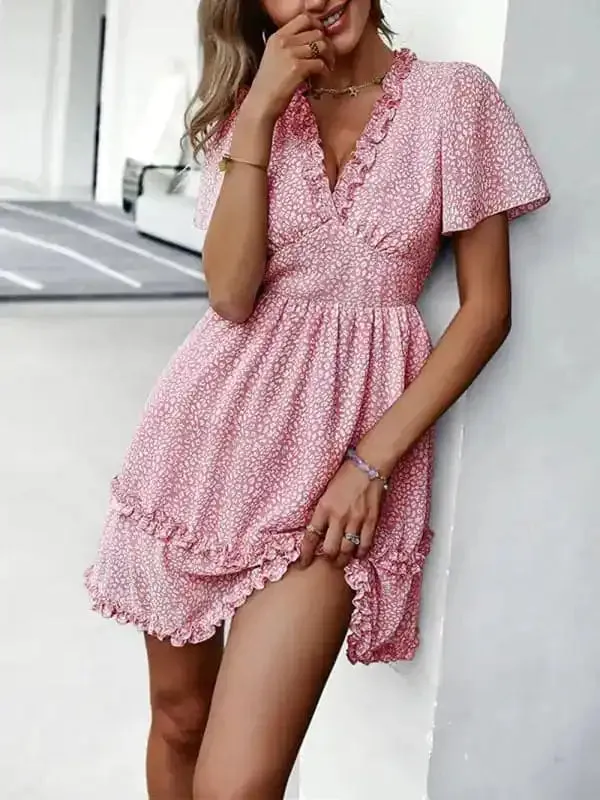 Women’s Floral Print Flutter Sleeve Faux Wrap Mini Dress