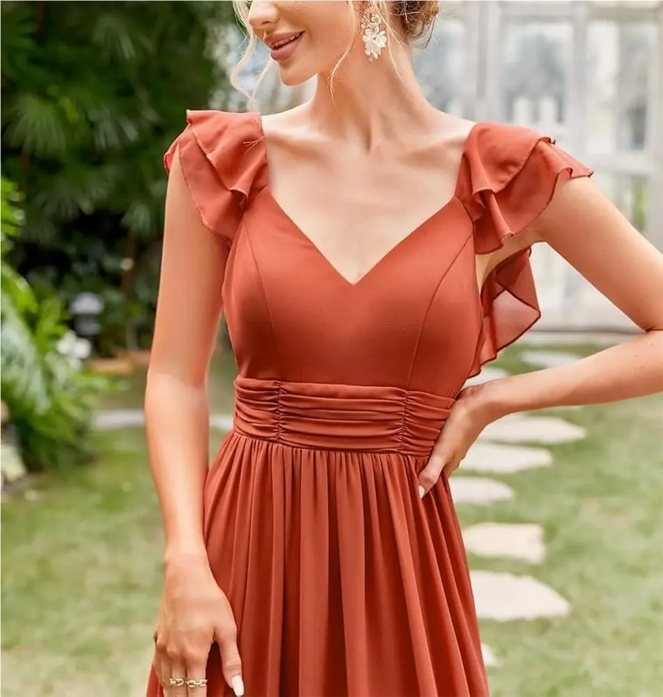Women's Formal Evening Gown V-Neck Cap Sleeve Ruffle Lace Extra Long Ball Dress Party Prom Maxi Dress