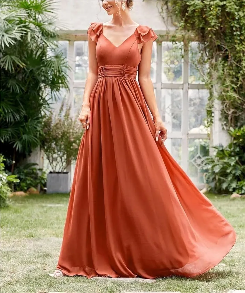 Women's Formal Evening Gown V-Neck Cap Sleeve Ruffle Lace Extra Long Ball Dress Party Prom Maxi Dress