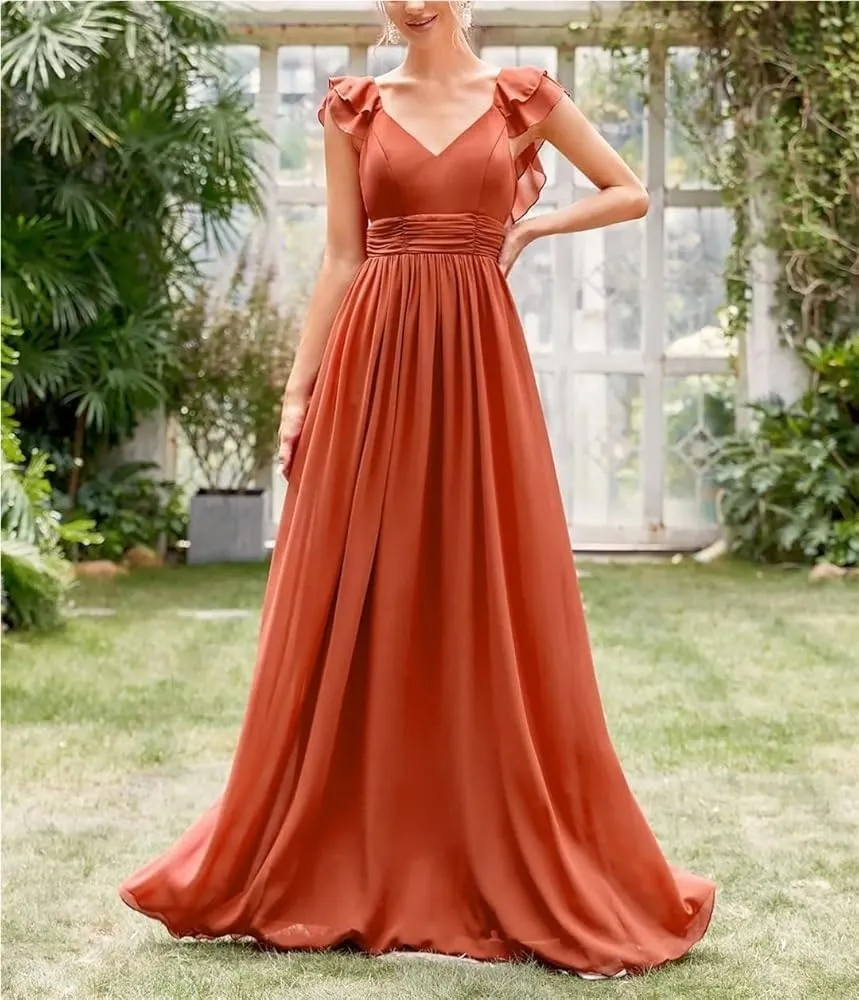 Women's Formal Evening Gown V-Neck Cap Sleeve Ruffle Lace Extra Long Ball Dress Party Prom Maxi Dress
