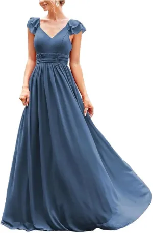 Women's Formal Evening Gown V-Neck Cap Sleeve Ruffle Lace Extra Long Ball Dress Party Prom Maxi Dress