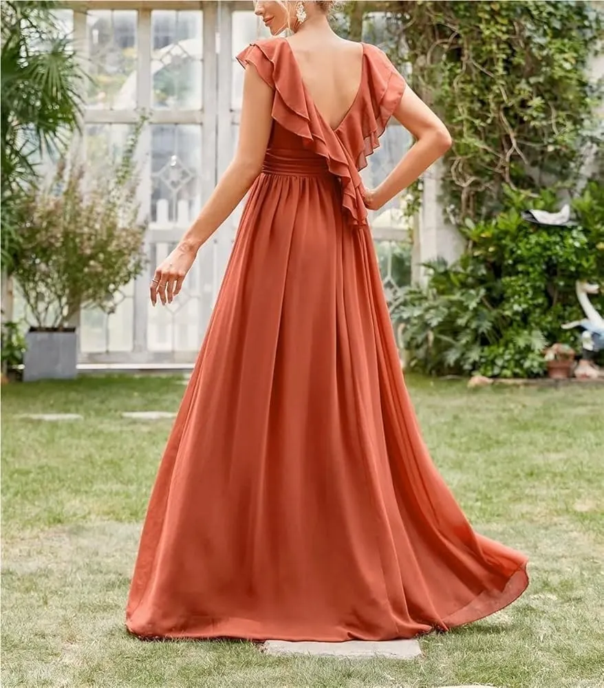 Women's Formal Evening Gown V-Neck Cap Sleeve Ruffle Lace Extra Long Ball Dress Party Prom Maxi Dress