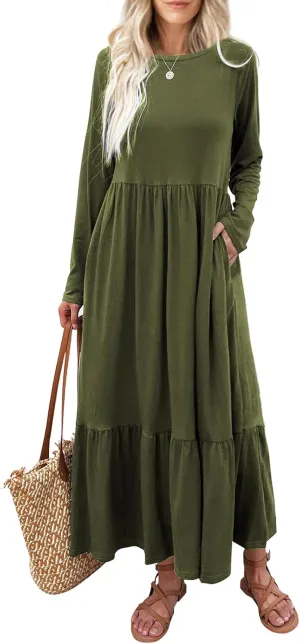 Women's Long Sleeves Maxi Dress Casual Loose Tiered Flowy Swing Beach Long Dresses with Pockets