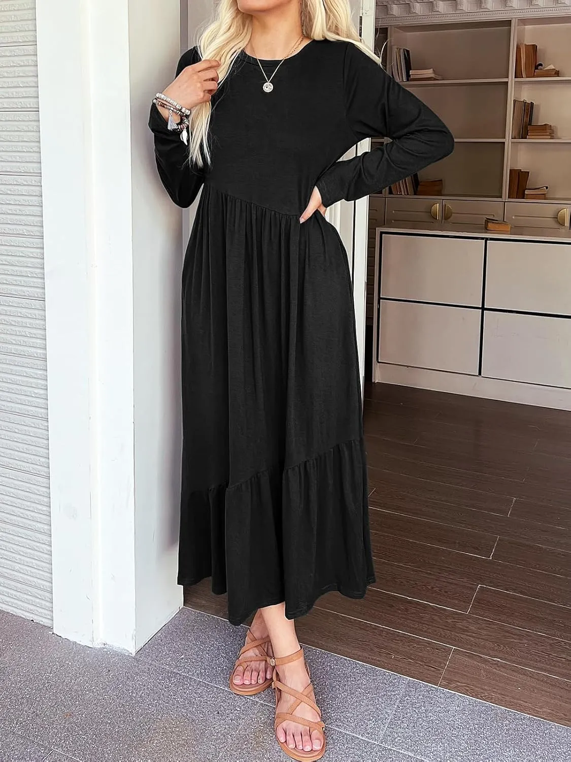 Women's Long Sleeves Maxi Dress Casual Loose Tiered Flowy Swing Beach Long Dresses with Pockets