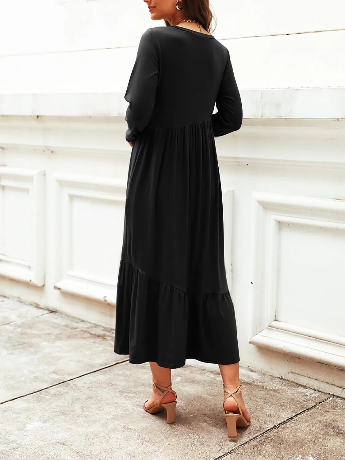 Women's Long Sleeves Maxi Dress Casual Loose Tiered Flowy Swing Beach Long Dresses with Pockets