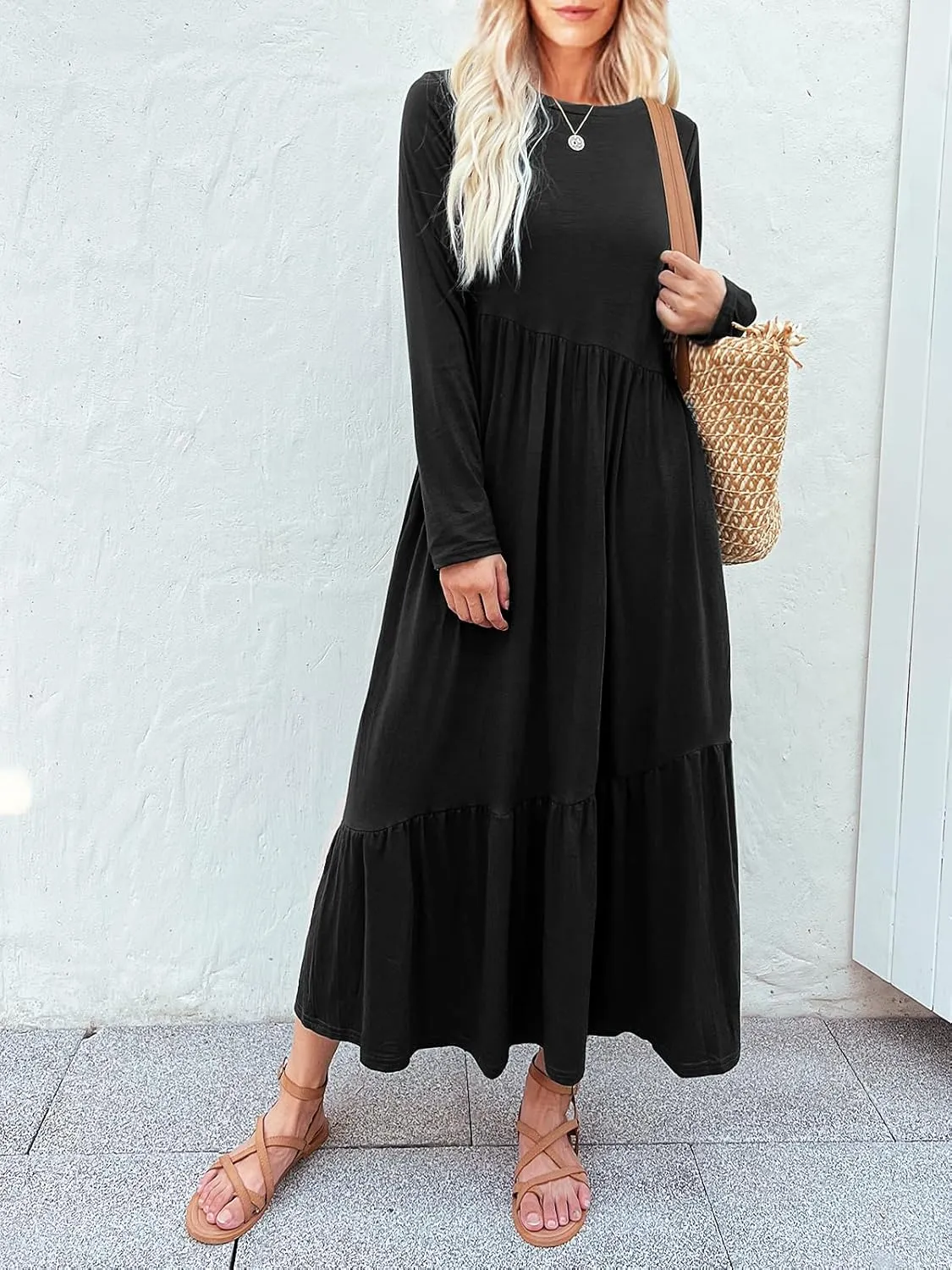 Women's Long Sleeves Maxi Dress Casual Loose Tiered Flowy Swing Beach Long Dresses with Pockets