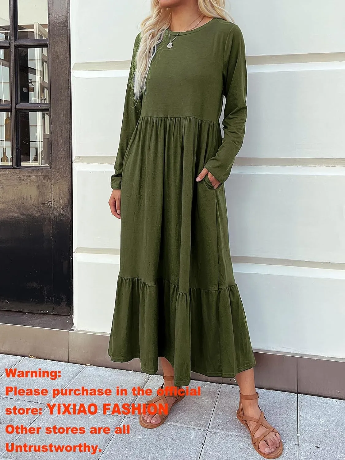 Women's Long Sleeves Maxi Dress Casual Loose Tiered Flowy Swing Beach Long Dresses with Pockets