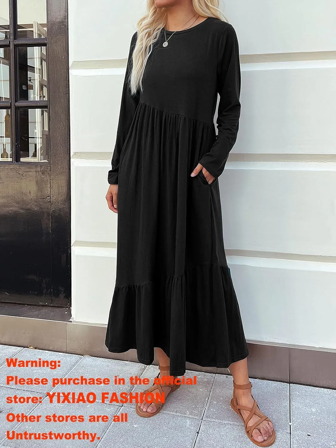 Women's Long Sleeves Maxi Dress Casual Loose Tiered Flowy Swing Beach Long Dresses with Pockets