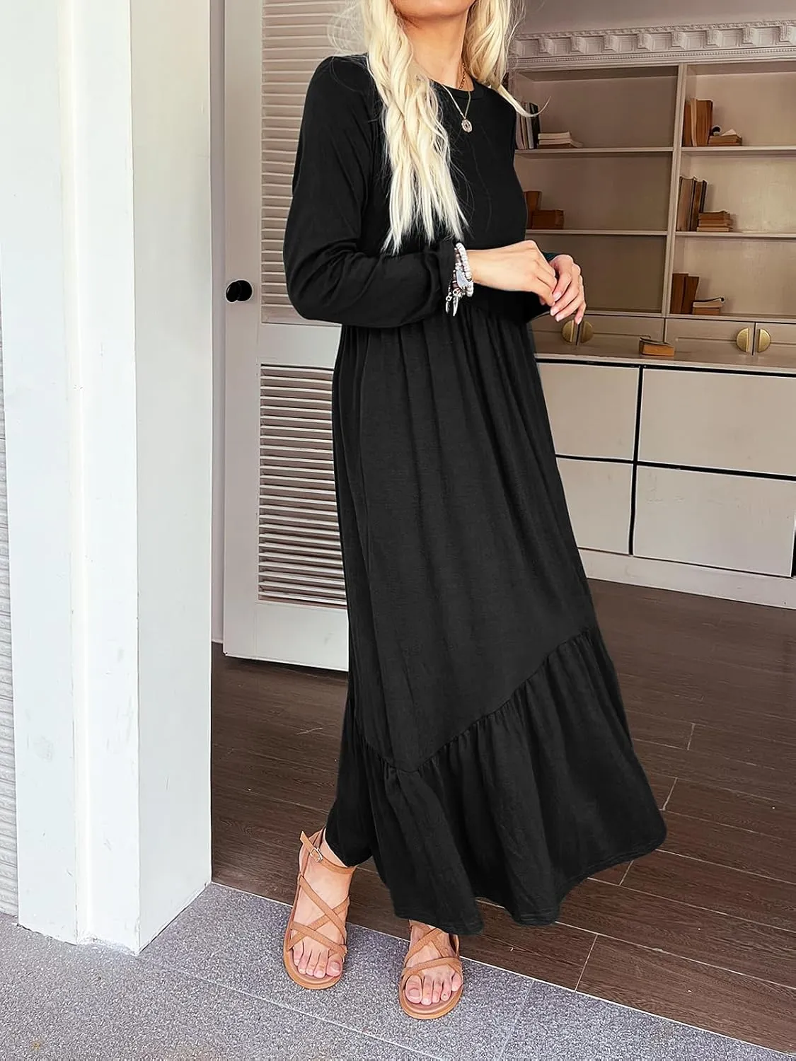 Women's Long Sleeves Maxi Dress Casual Loose Tiered Flowy Swing Beach Long Dresses with Pockets