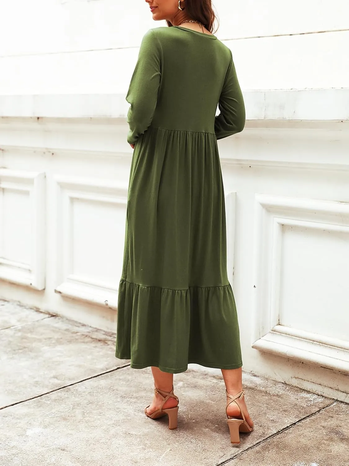 Women's Long Sleeves Maxi Dress Casual Loose Tiered Flowy Swing Beach Long Dresses with Pockets