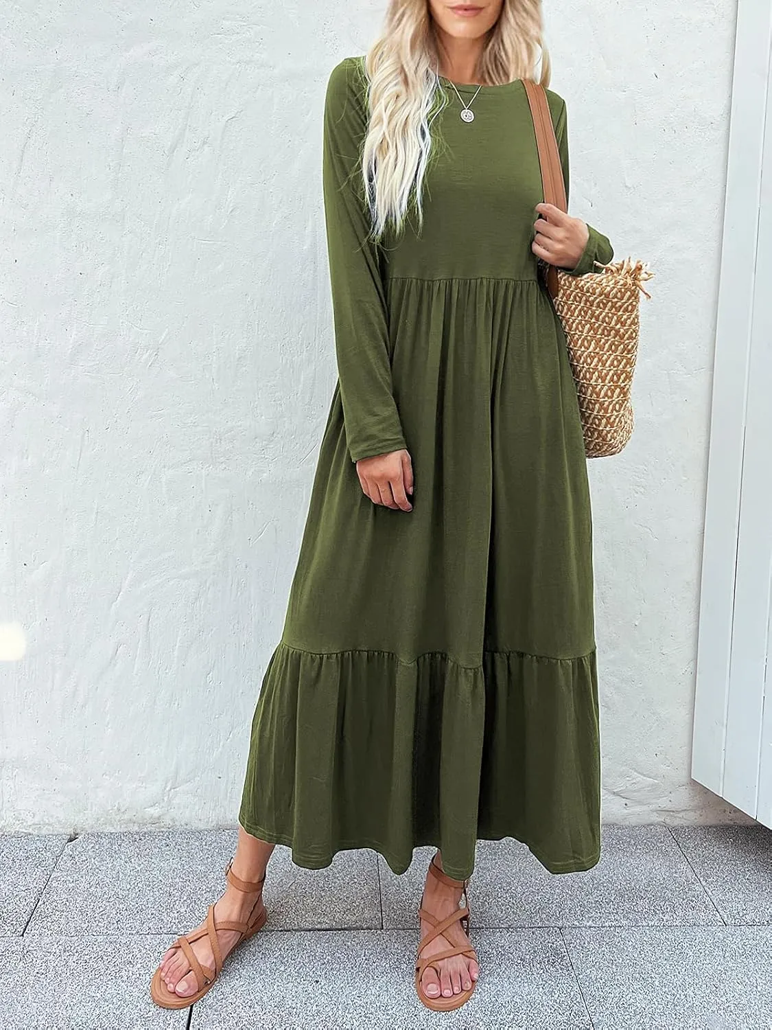 Women's Long Sleeves Maxi Dress Casual Loose Tiered Flowy Swing Beach Long Dresses with Pockets