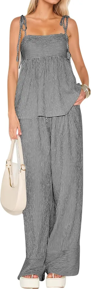 Women's Striped Two Piece Set Summer Outfits Vacation Spaghetti Strap Camisole Smocked Ruched Tank Top Wide Leg Pants