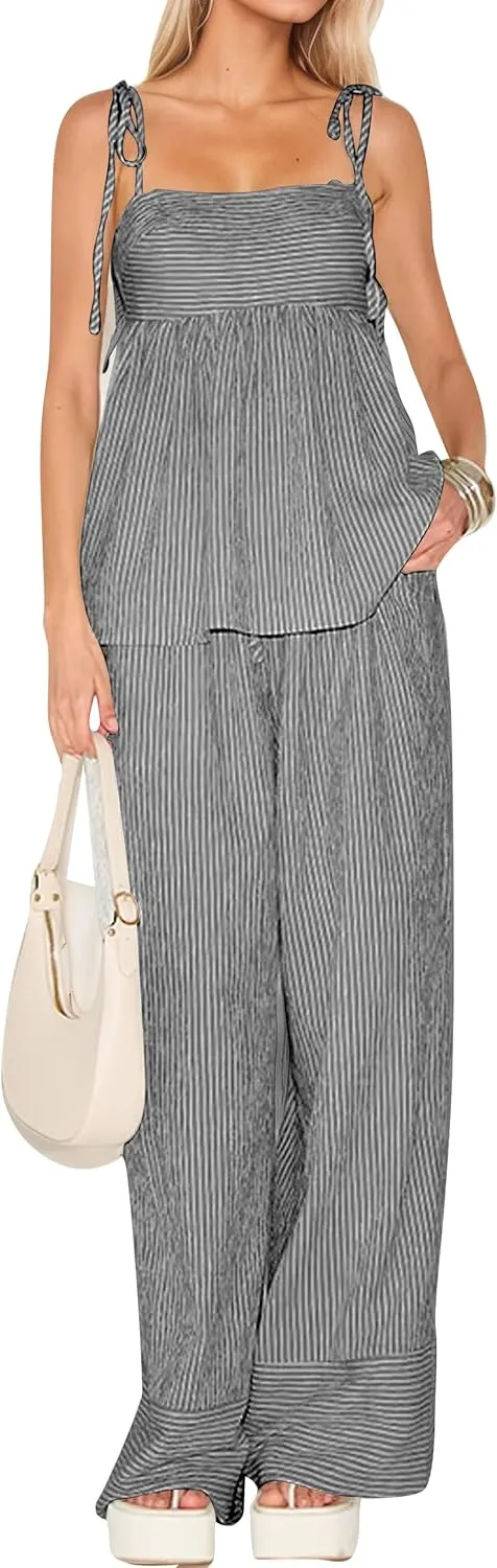 Women's Striped Two Piece Set Summer Outfits Vacation Spaghetti Strap Camisole Smocked Ruched Tank Top Wide Leg Pants