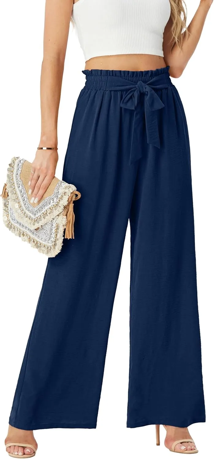 Womens Wide Leg Pants High Waist Flowy Adjustable Knot Loose Trousers Casuals Lounge Business Pants with Pockets