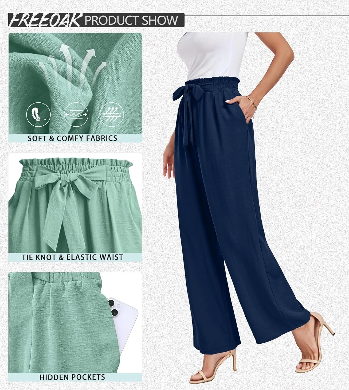 Womens Wide Leg Pants High Waist Flowy Adjustable Knot Loose Trousers Casuals Lounge Business Pants with Pockets