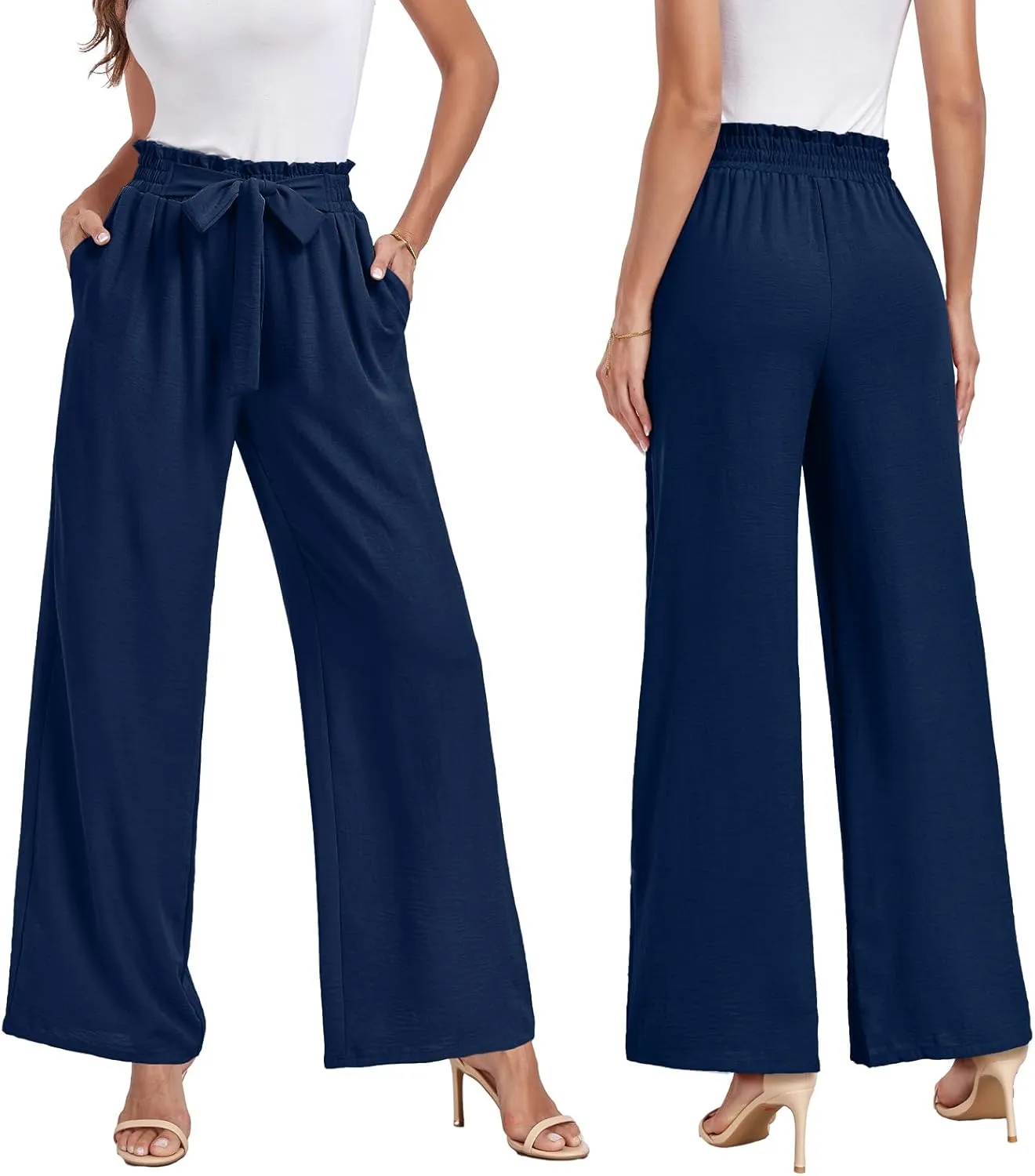 Womens Wide Leg Pants High Waist Flowy Adjustable Knot Loose Trousers Casuals Lounge Business Pants with Pockets