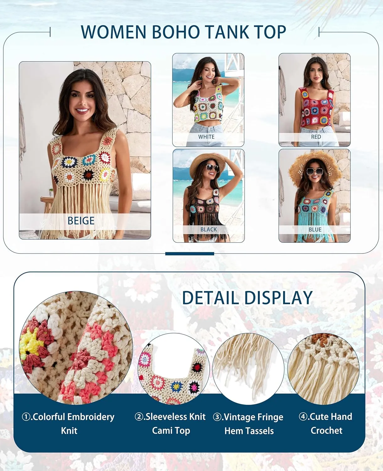 X-Small Size & Small Size Womens Crochet Tank Top Knit Colorful Floral Embroidery Summer Boho Camisole Hollow Out Top