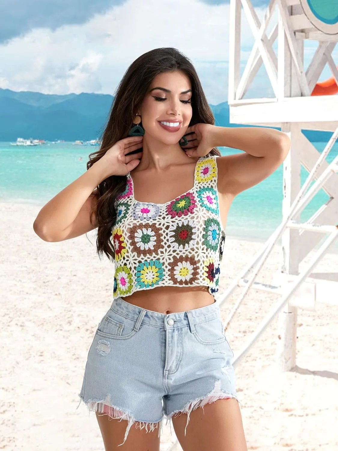 X-Small Size & Small Size Womens Crochet Tank Top Knit Colorful Floral Embroidery Summer Boho Camisole Hollow Out Top