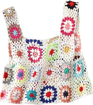 X-Small Size & Small Size Womens Crochet Tank Top Knit Colorful Floral Embroidery Summer Boho Camisole Hollow Out Top