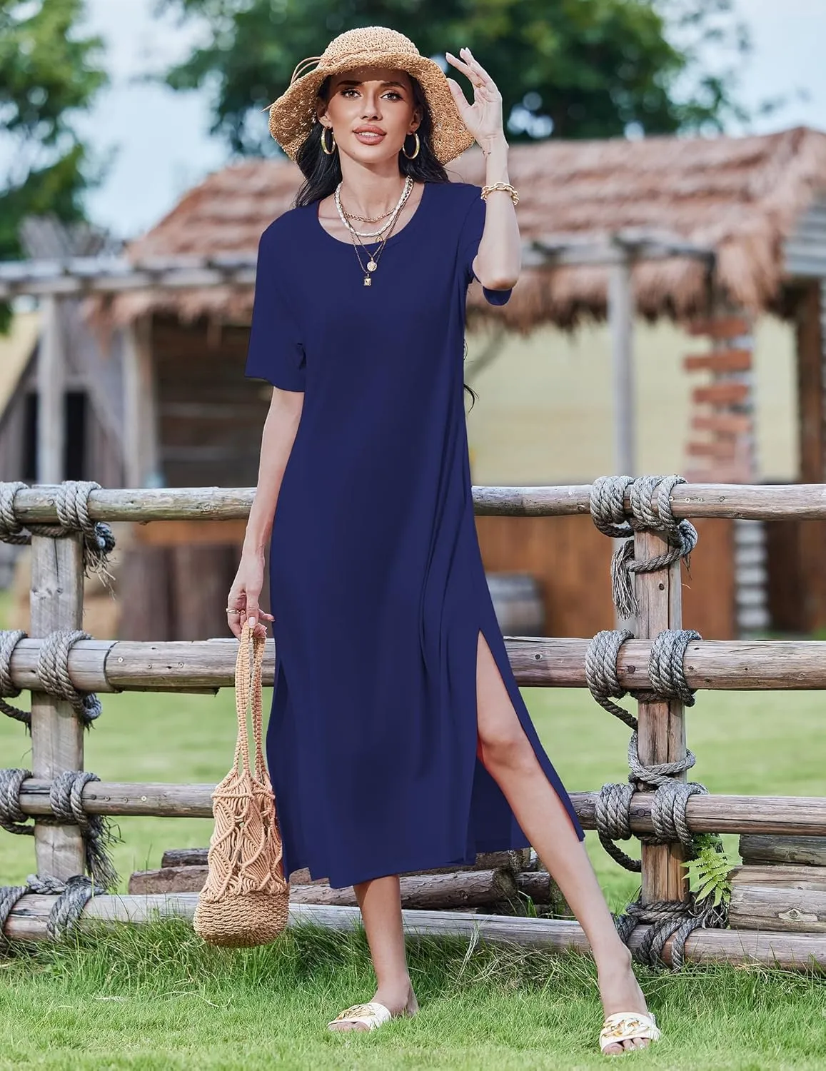 Zeagoo Women Floral Summer Dress Casual Beach Dress Printed T Shirt Dress Split Long Dress Travel 2025 Vacation Dress