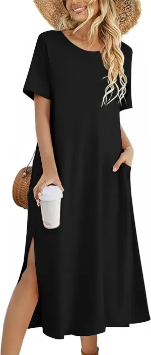 Zeagoo Women Floral Summer Dress Casual Beach Dress Printed T Shirt Dress Split Long Dress Travel 2025 Vacation Dress